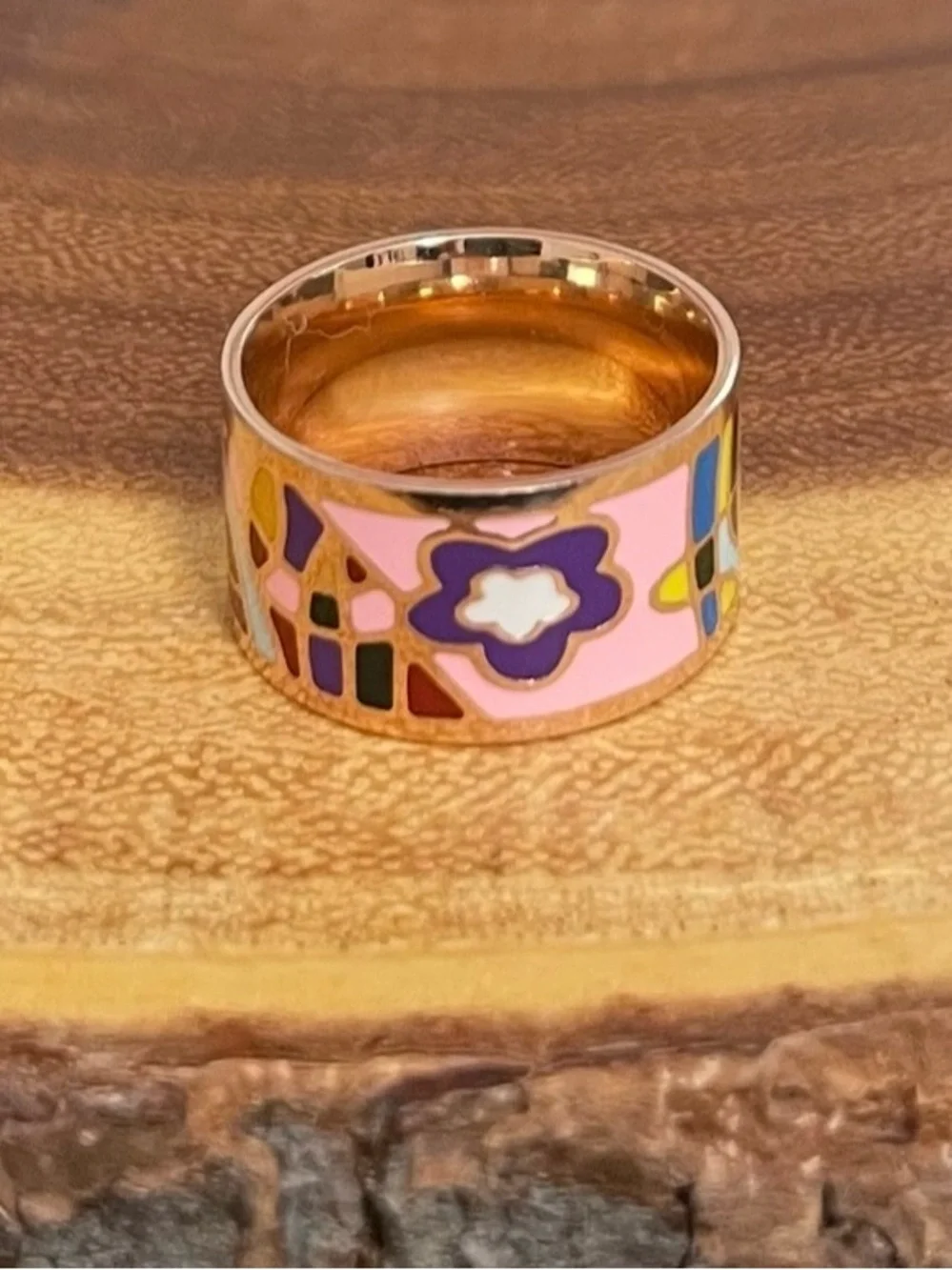 Colorful Enamel Rose Gold Filled Abstract Floral Retro Wide Band Ring NWOT